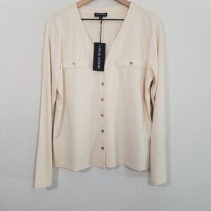 NWT Modern Works Button Up Top Blouse Long Sleeve Stretchy Size L